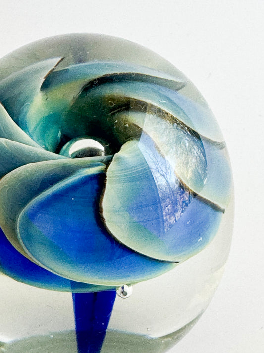 Signed 1986 Studio Art Glass Paperweight – Blue & Aqua Swirl Flower Form