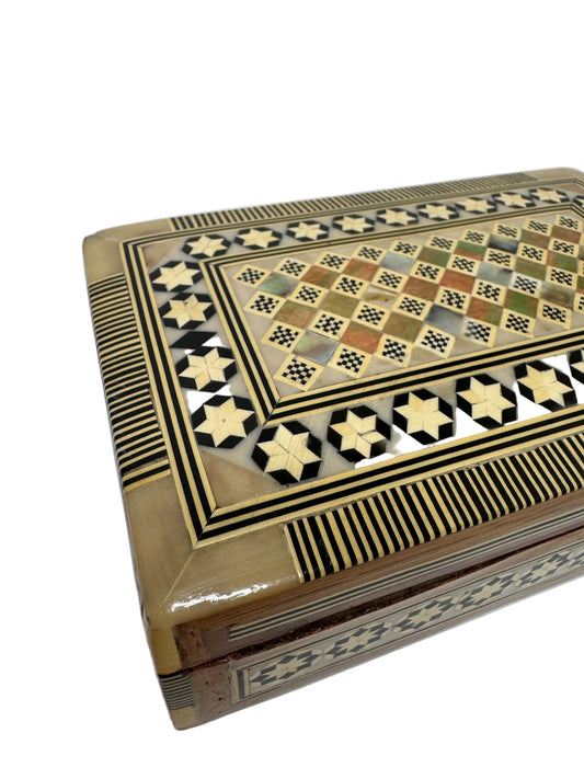 Handmade Egyptian Inlaid Wooden Box with Geometric Mosaic Design