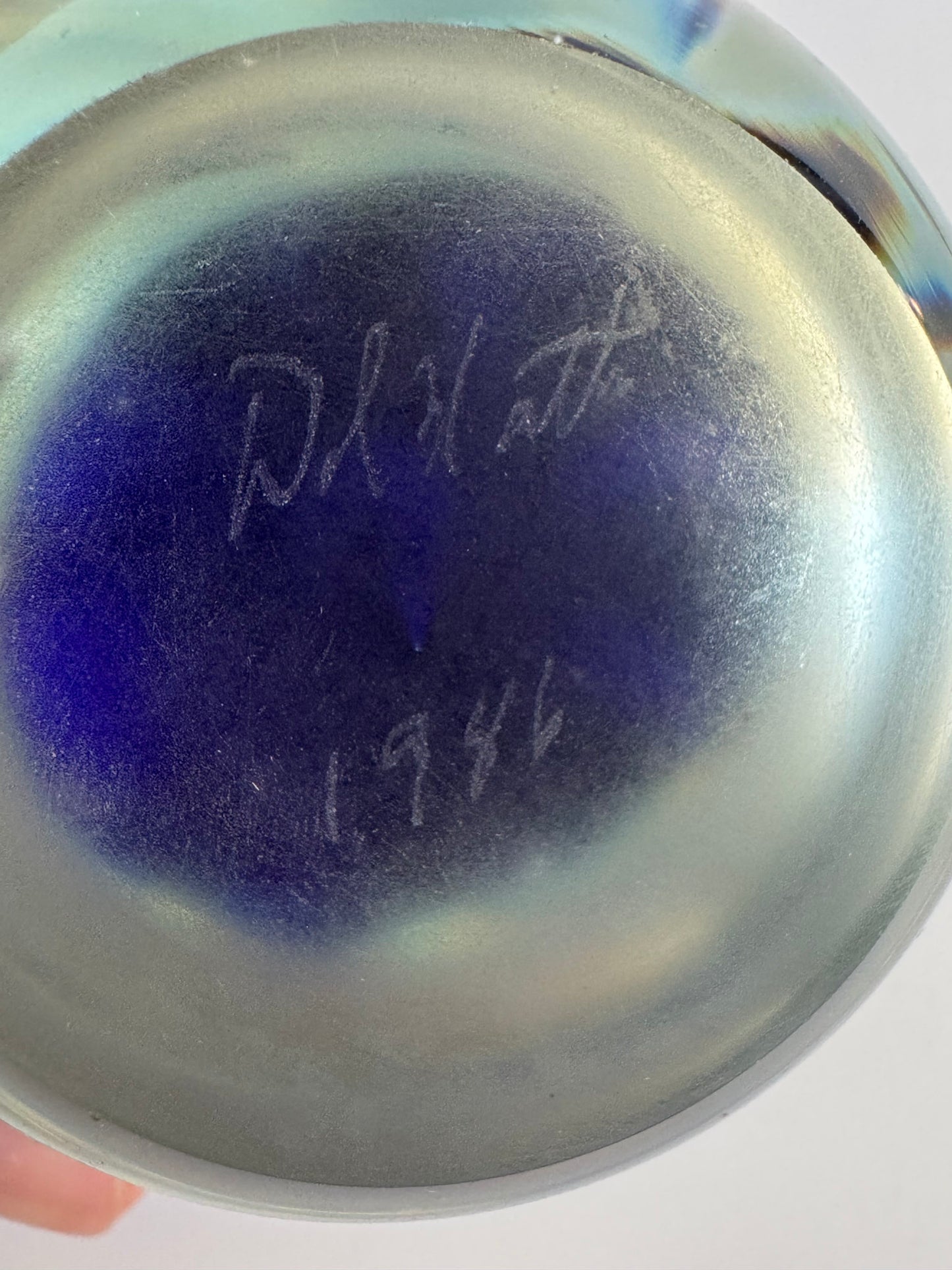 Signed 1986 Studio Art Glass Paperweight – Blue & Aqua Swirl Flower Form