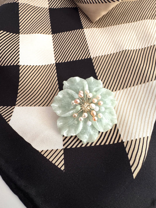 Vintage Carved Jade Flower Brooch / Pendant with Pearls, Sterling Silver