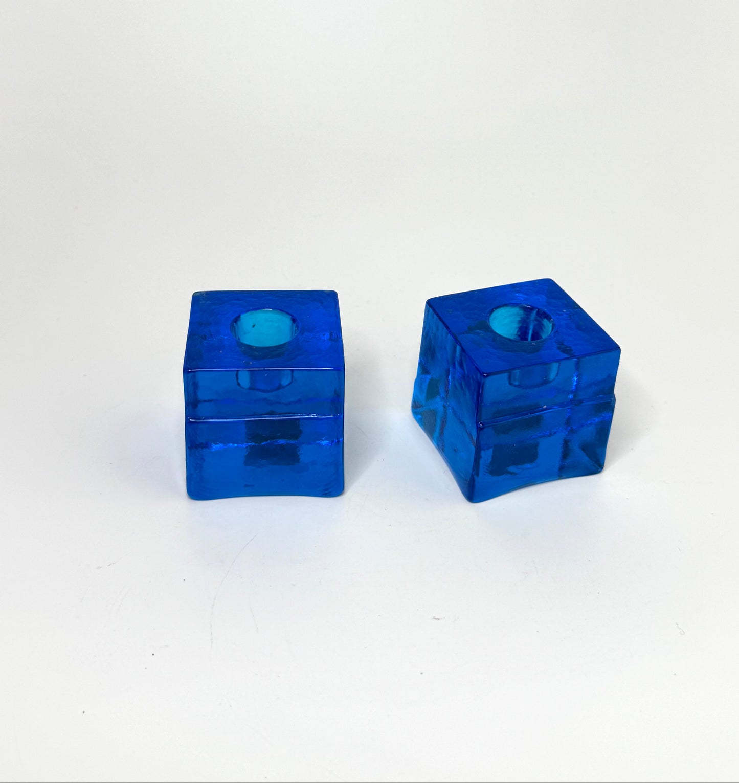 Pair of Swedish Lindshammar Glass Cube Candleholders – Cobalt Blue