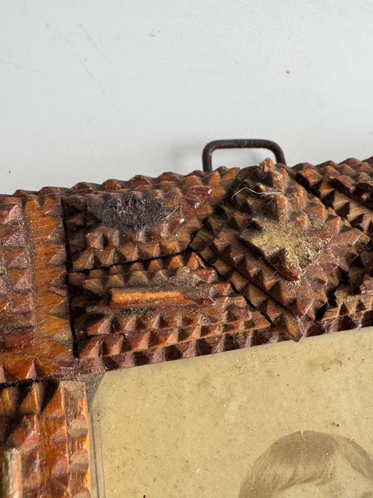 Antique Tramp Art Folk Frame with Original Portrait