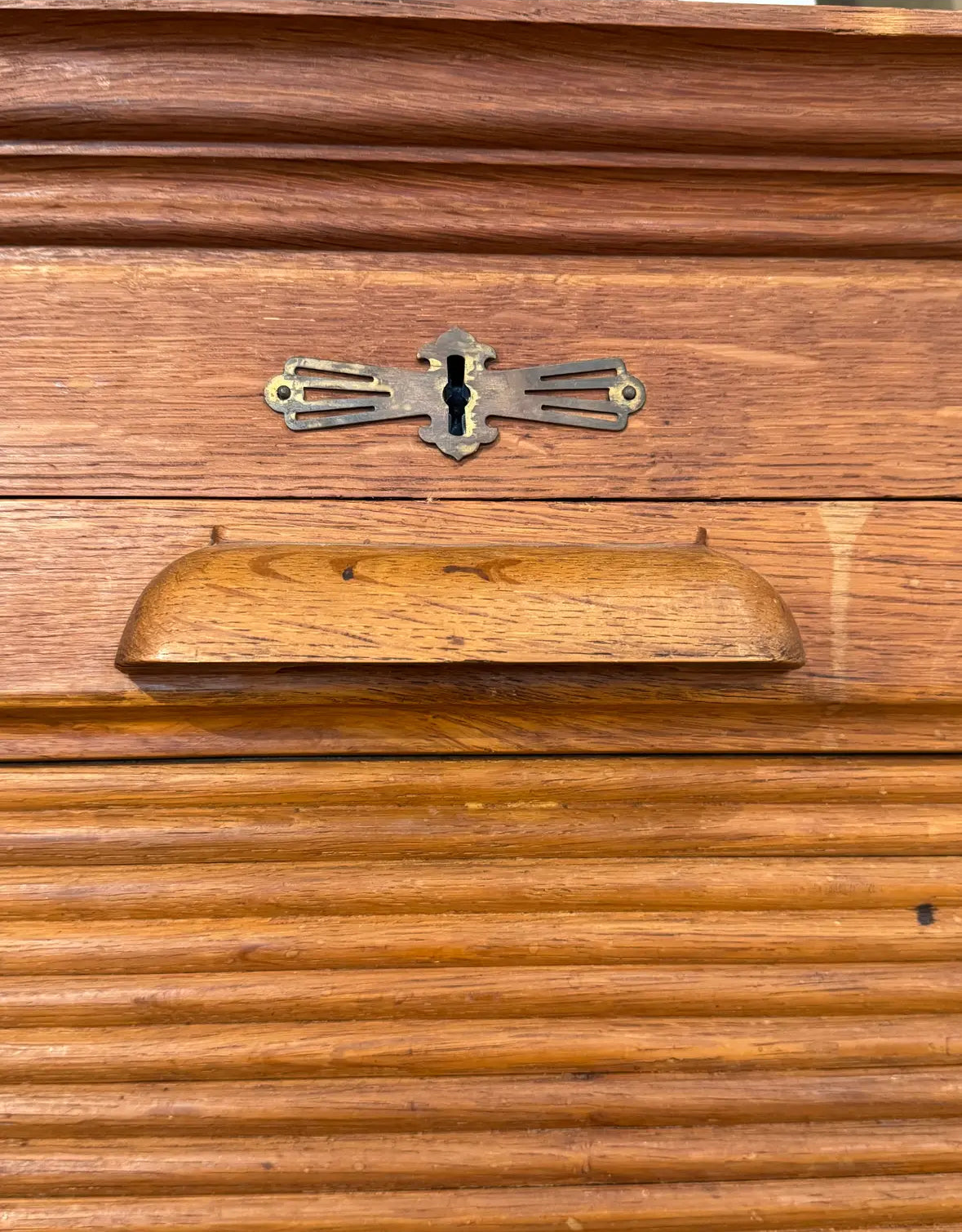Vintage Oak Tambour Door Filing Cabinet With Sliding Trays & Original Keys