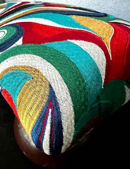 Refinished Mid-Century Modern Footstool With Abstract Multicolor Embroidered Fabric