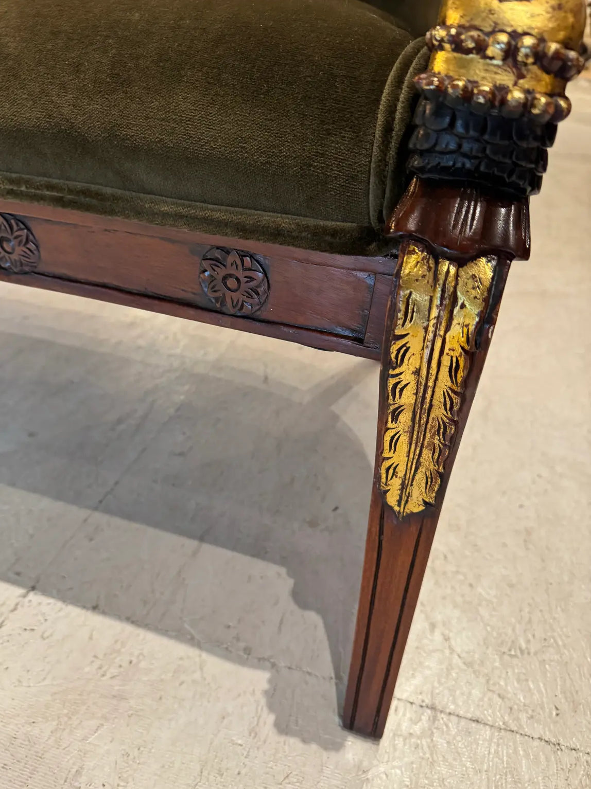 Empire-Style Swan Settee in Olive Velvet