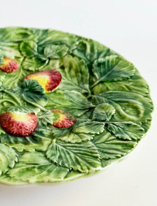 Vintage Majolica Plate with Strawberries and Leaves