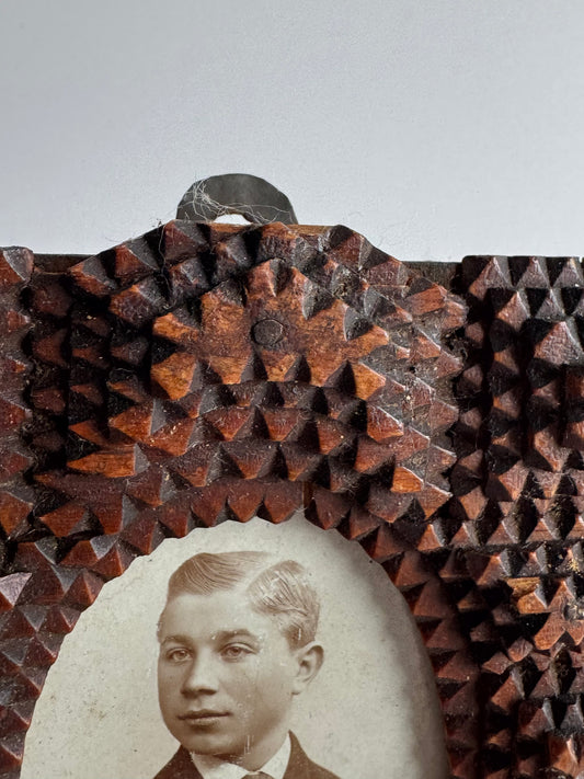 Antique Tramp Art Folk Frame with Original Portrait