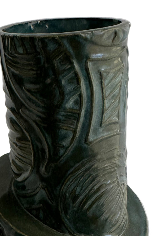 Signed Modernist Studio Pottery Vase with Geometric Relief and Teal Glaze