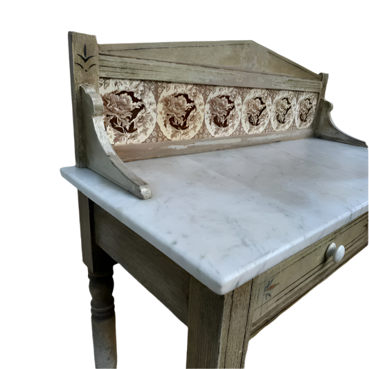 Antique Fruitwood Washstand With Carrara Marble Top and Tile Back