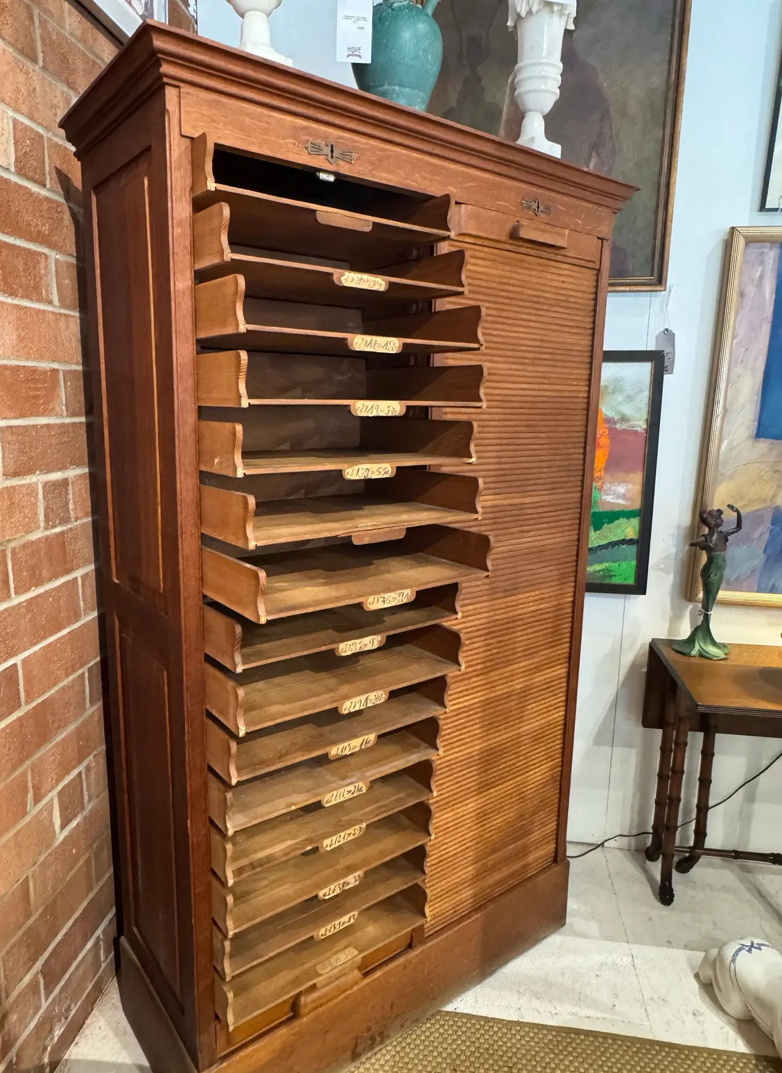 Vintage Oak Tambour Door Filing Cabinet With Sliding Trays & Original Keys