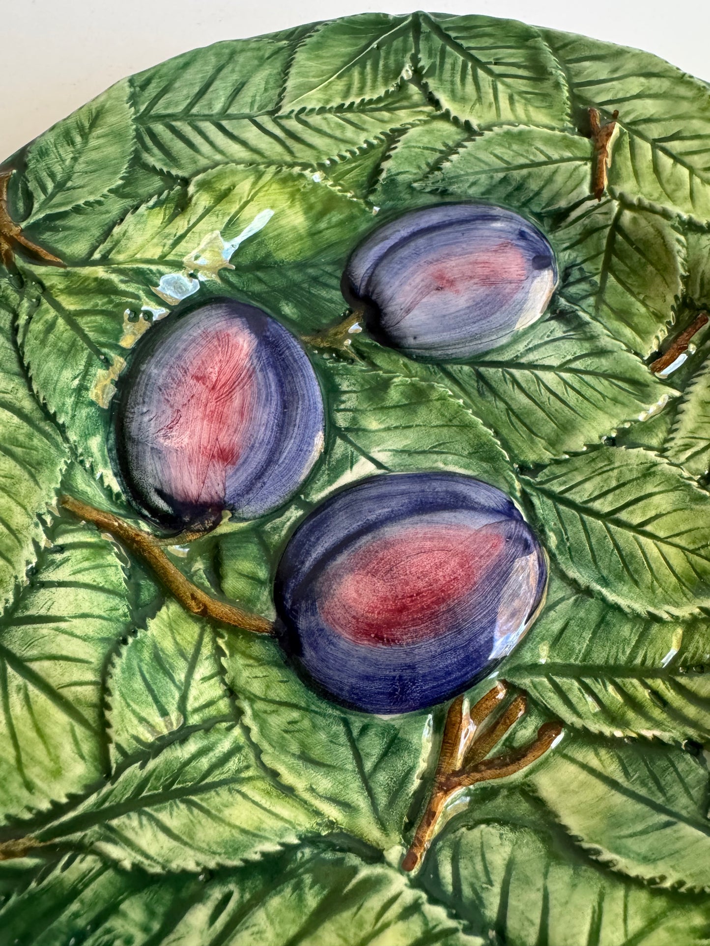 Vintage Majolica Plate with Plums and Leaves