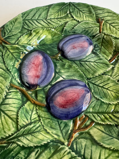 Vintage Majolica Plate with Plums and Leaves
