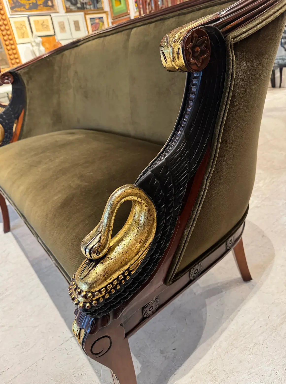 Empire-Style Swan Settee in Olive Velvet