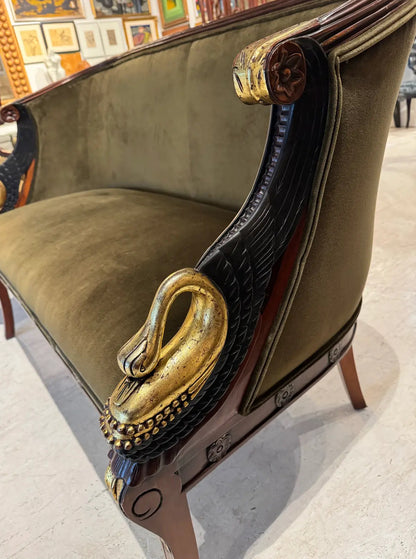 Empire-Style Swan Settee in Olive Velvet