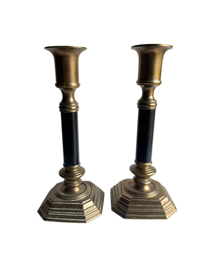 Vintage Brass Candlesticks with Black Columns – Pair