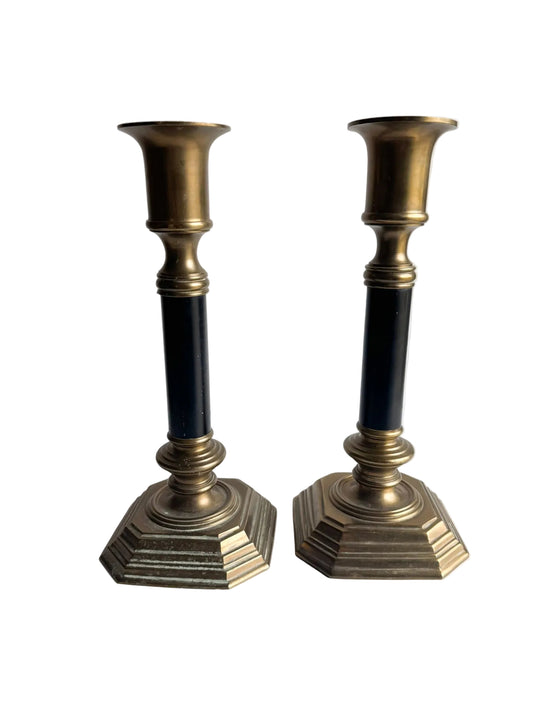 Vintage Brass Candlesticks with Black Columns – Pair