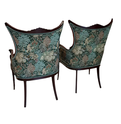 Paire Vintage Carved Wood Asian High Back Wing Chairs — Newly Reupholstered