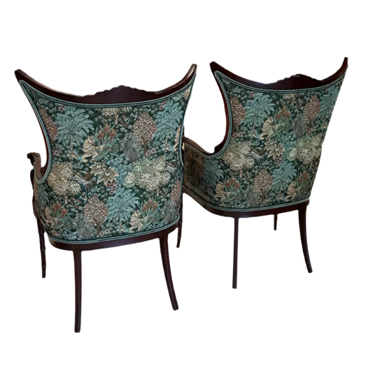 Paire Vintage Carved Wood Asian High Back Wing Chairs — Newly Reupholstered