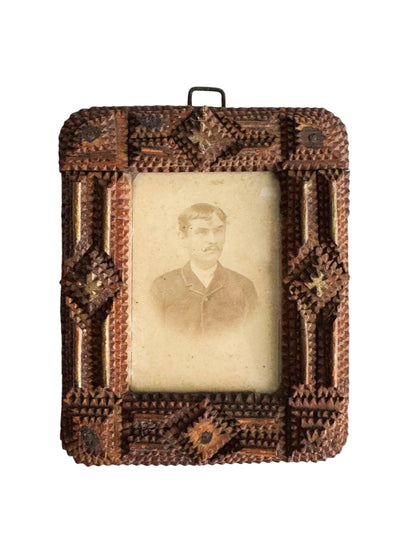 Antique Tramp Art Folk Frame with Original Portrait