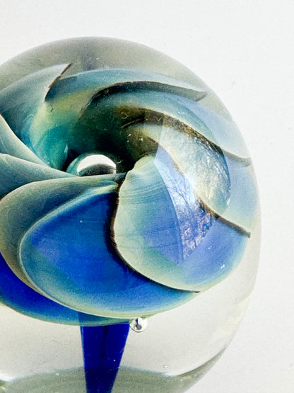 Signed 1986 Studio Art Glass Paperweight – Blue & Aqua Swirl Flower Form