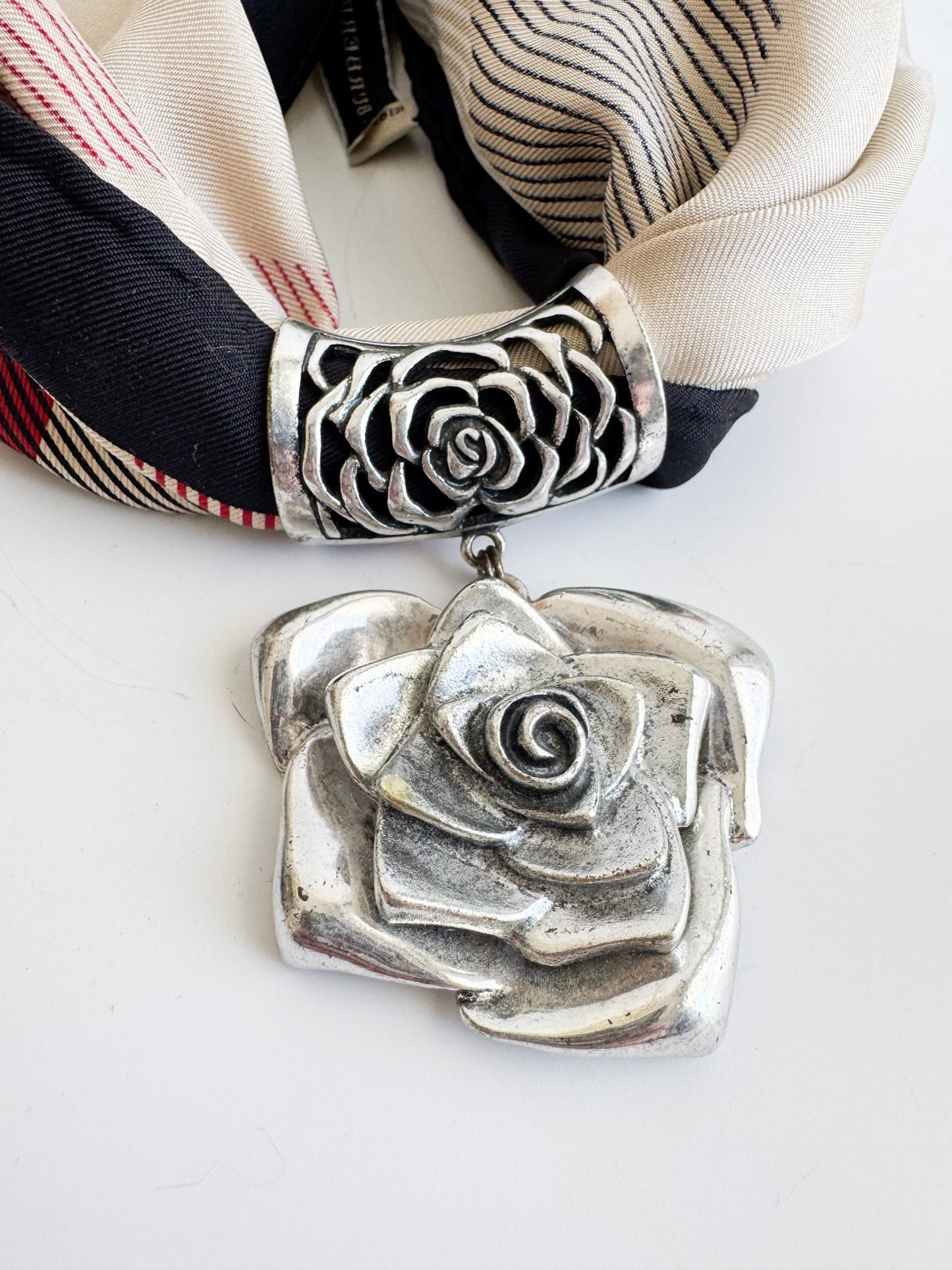Vintage Silver Tone Rose Scarf Ring Pendant