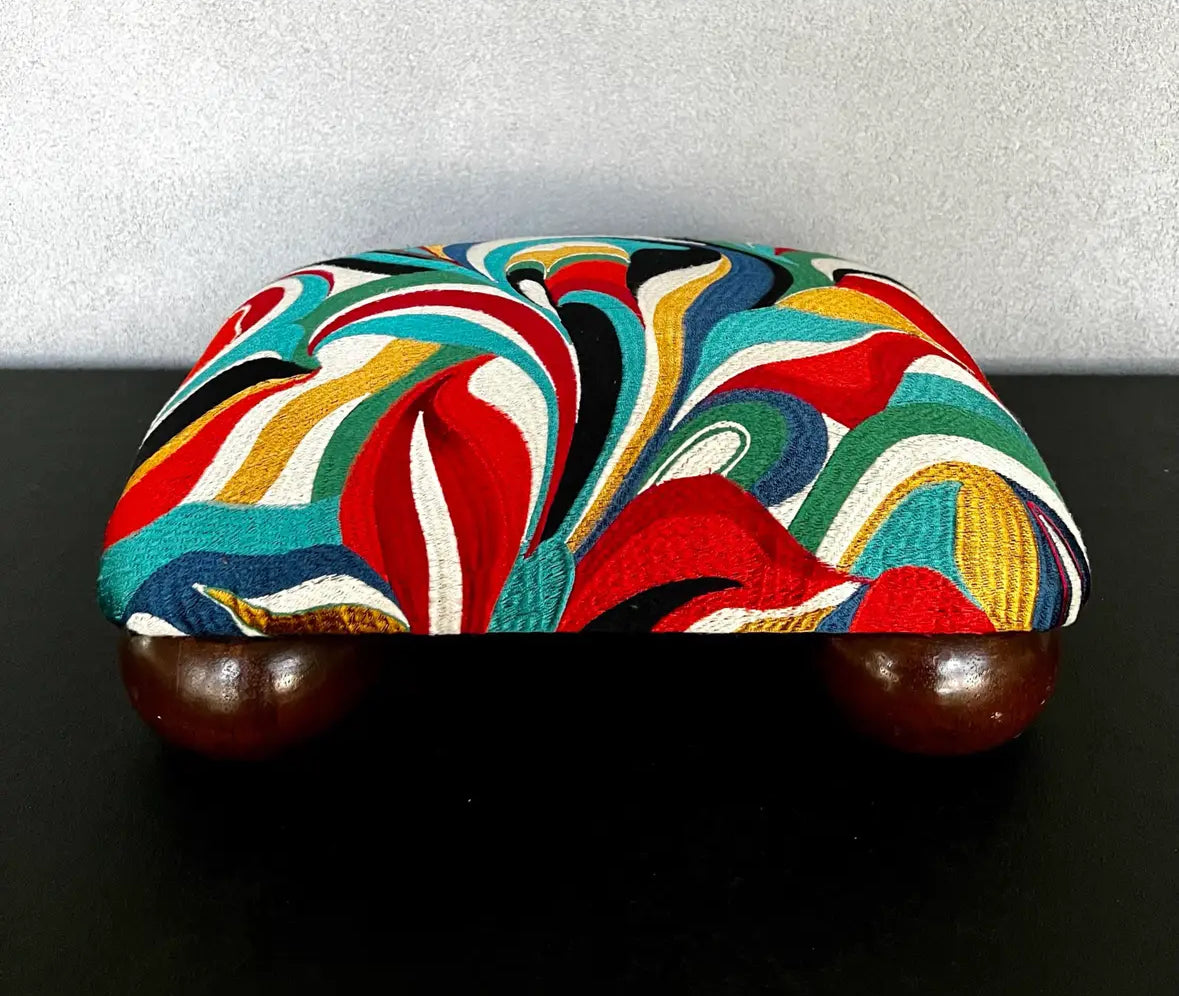 Refinished Mid-Century Modern Footstool With Abstract Multicolor Embroidered Fabric