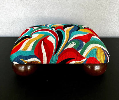Refinished Mid-Century Modern Footstool With Abstract Multicolor Embroidered Fabric
