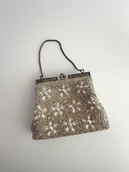 Vintage Beaded Evening Bag with Pearl and Crystal Floral Motif