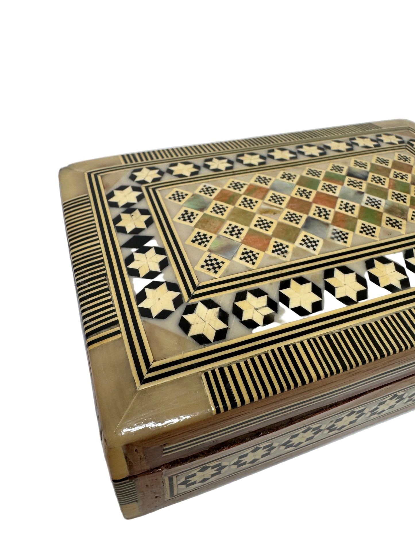 Handmade Egyptian Inlaid Wooden Box with Geometric Mosaic Design