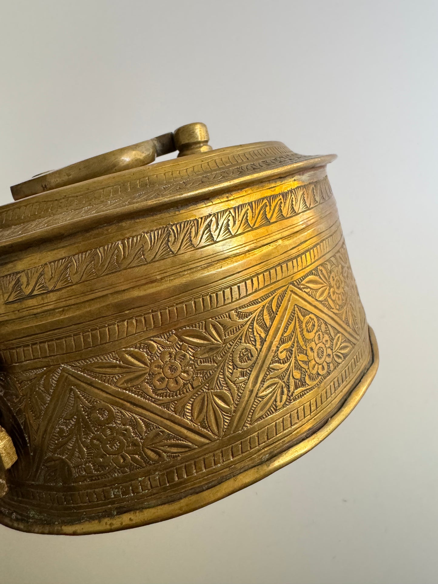 Vintage Hand-Engraved Brass Lidded Box with Handle