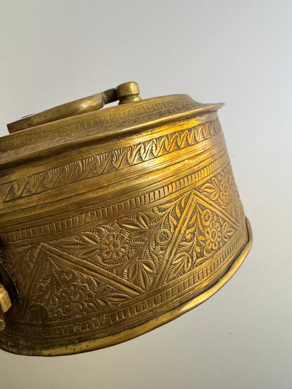 Vintage Hand-Engraved Brass Lidded Box with Handle