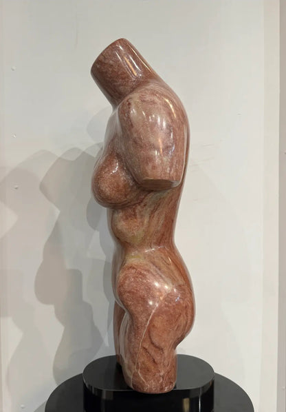 Italian 1980 Signed Marble Female Torso Sculpture on Rotating Black Lacquered Pedestal