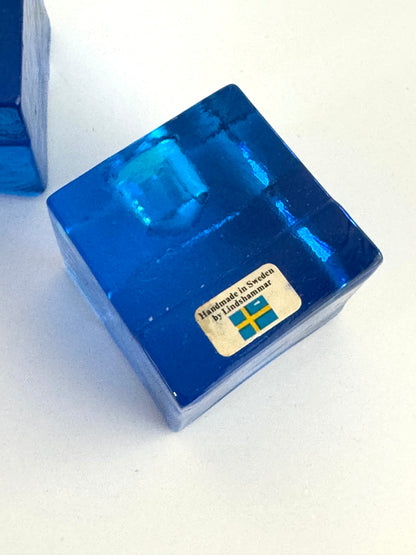Pair of Swedish Lindshammar Glass Cube Candleholders – Cobalt Blue