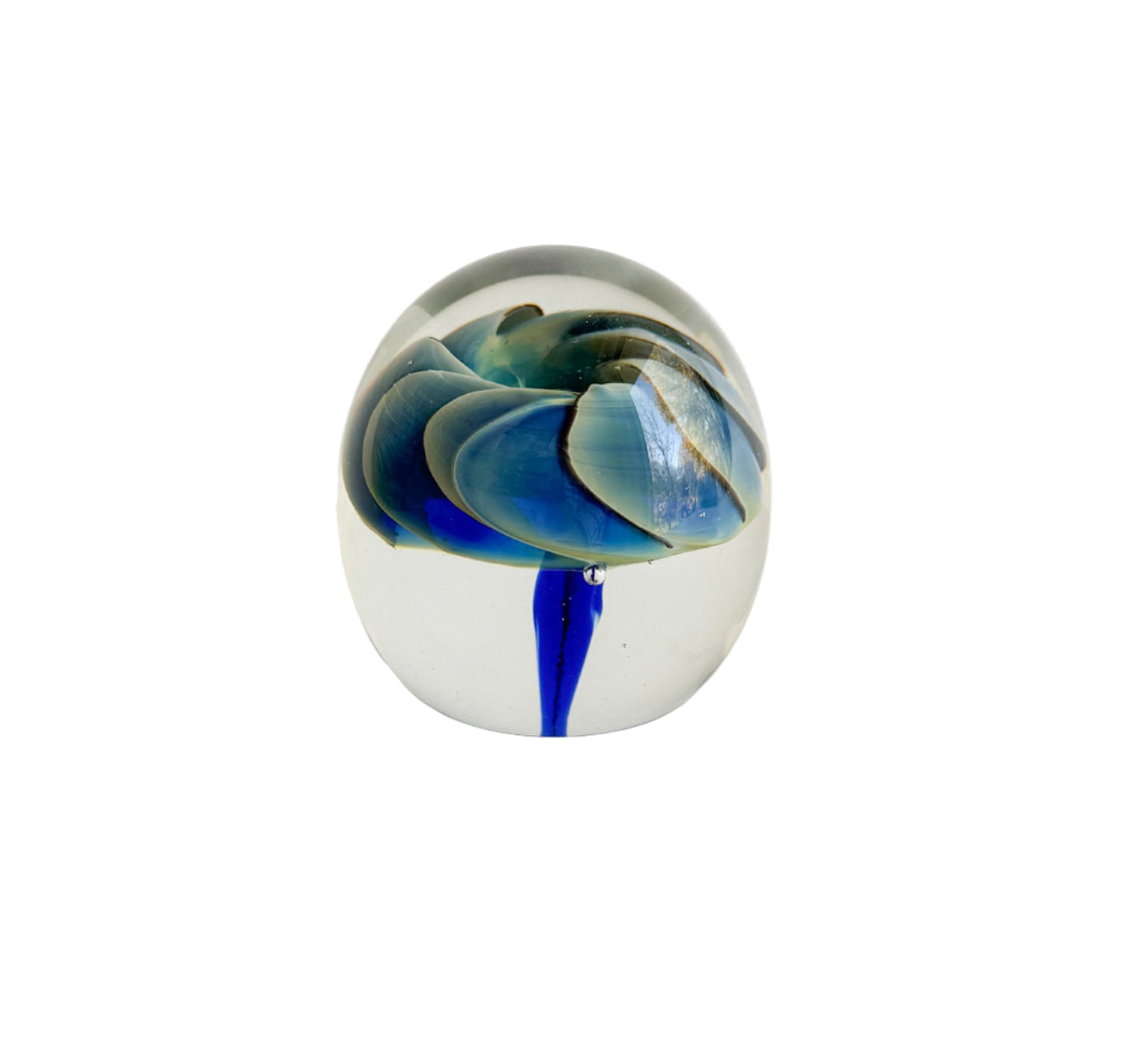 Signed 1986 Studio Art Glass Paperweight – Blue & Aqua Swirl Flower Form