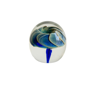 Signed 1986 Studio Art Glass Paperweight – Blue & Aqua Swirl Flower Form
