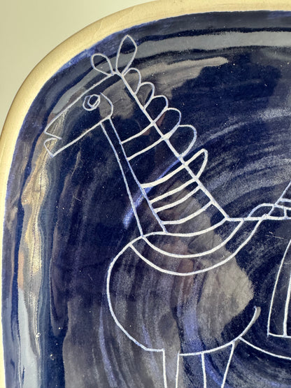 Vintage Scandinavian Modern Blue Ceramic Plate, Signed and Dated 1974