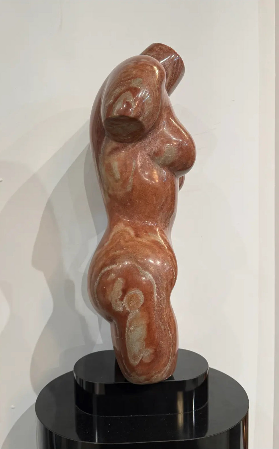 Italian 1980 Signed Marble Female Torso Sculpture on Rotating Black Lacquered Pedestal