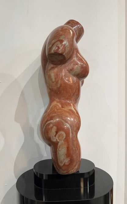 Italian 1980 Signed Marble Female Torso Sculpture on Rotating Black Lacquered Pedestal