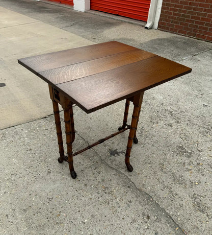 Newly Refinished Antique Drop-Leaf Tiger Oak Table With Faux Bamboo Legs