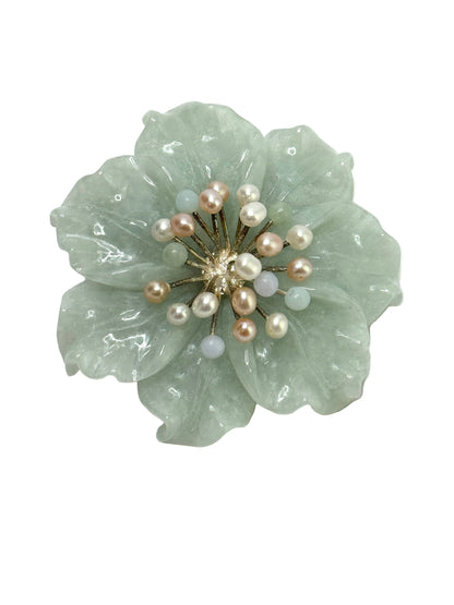 Vintage Carved Jade Flower Brooch / Pendant with Pearls, Sterling Silver