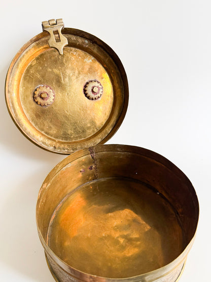 Vintage Hand-Engraved Brass Lidded Box with Handle