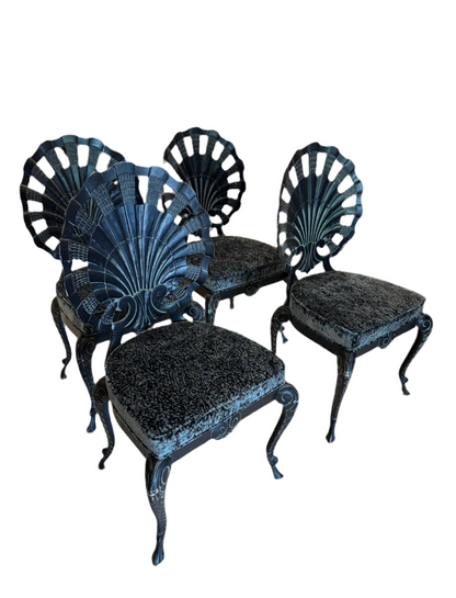 Set of 4 Vintage Iron Grotto Shell Back Chairs — Newly Reupholstered