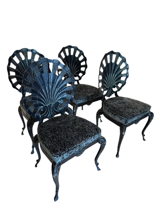 Set of 4 Vintage Iron Grotto Shell Back Chairs — Newly Reupholstered