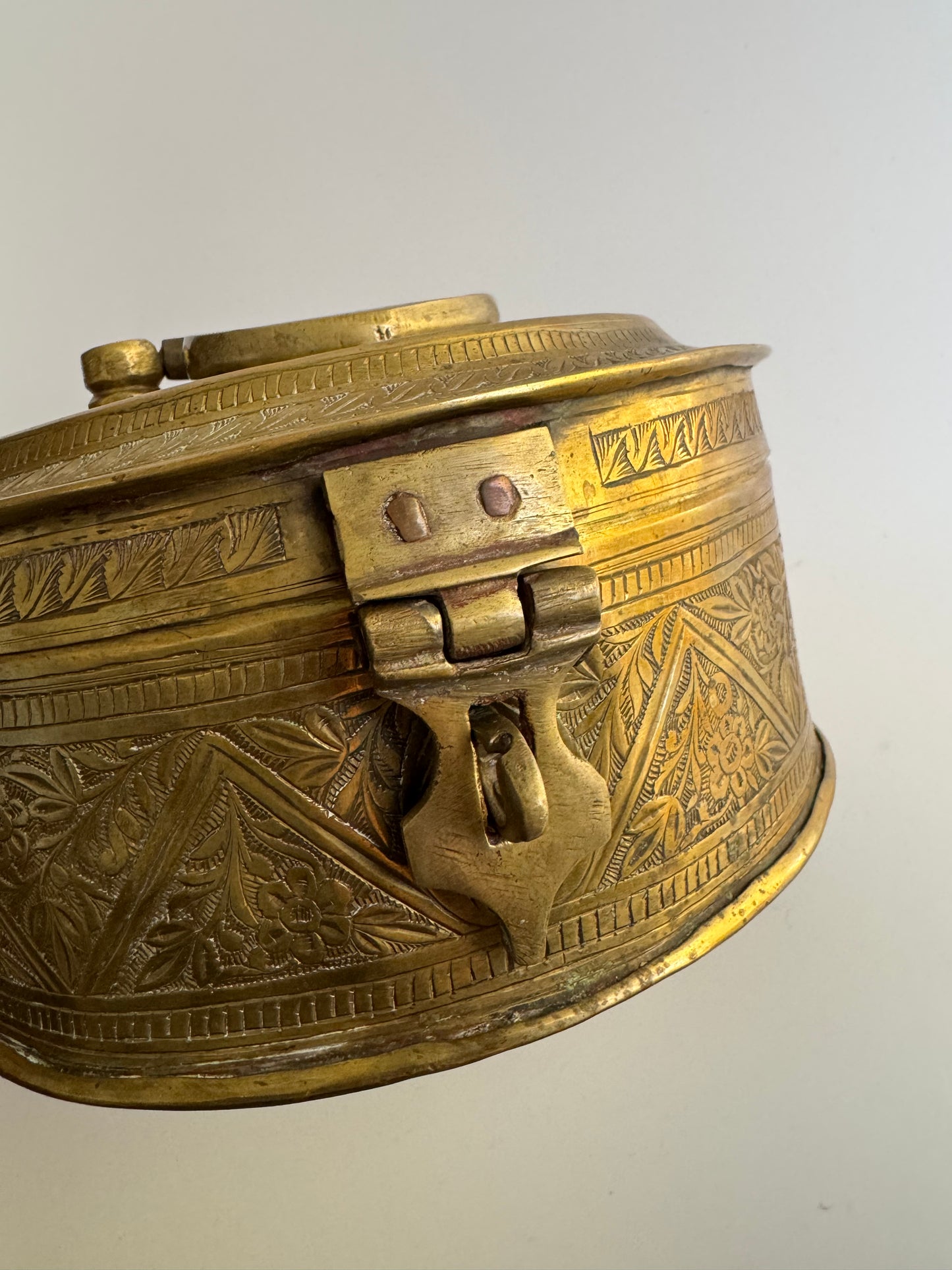 Vintage Hand-Engraved Brass Lidded Box with Handle