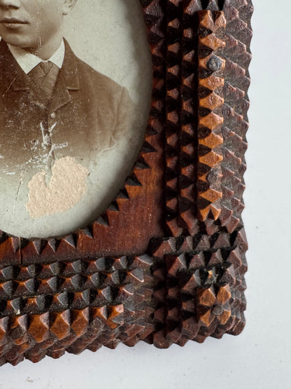 Antique Tramp Art Folk Frame with Original Portrait