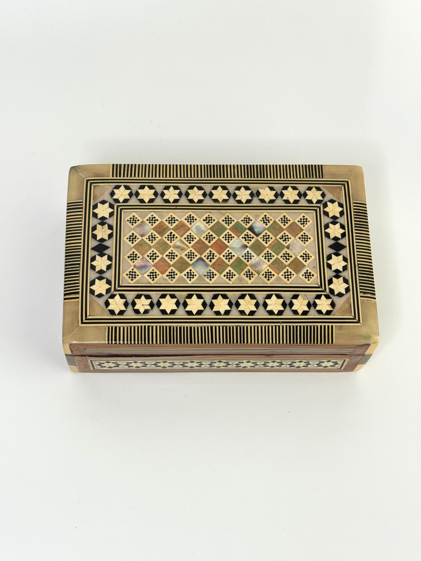 Handmade Egyptian Inlaid Wooden Box with Geometric Mosaic Design