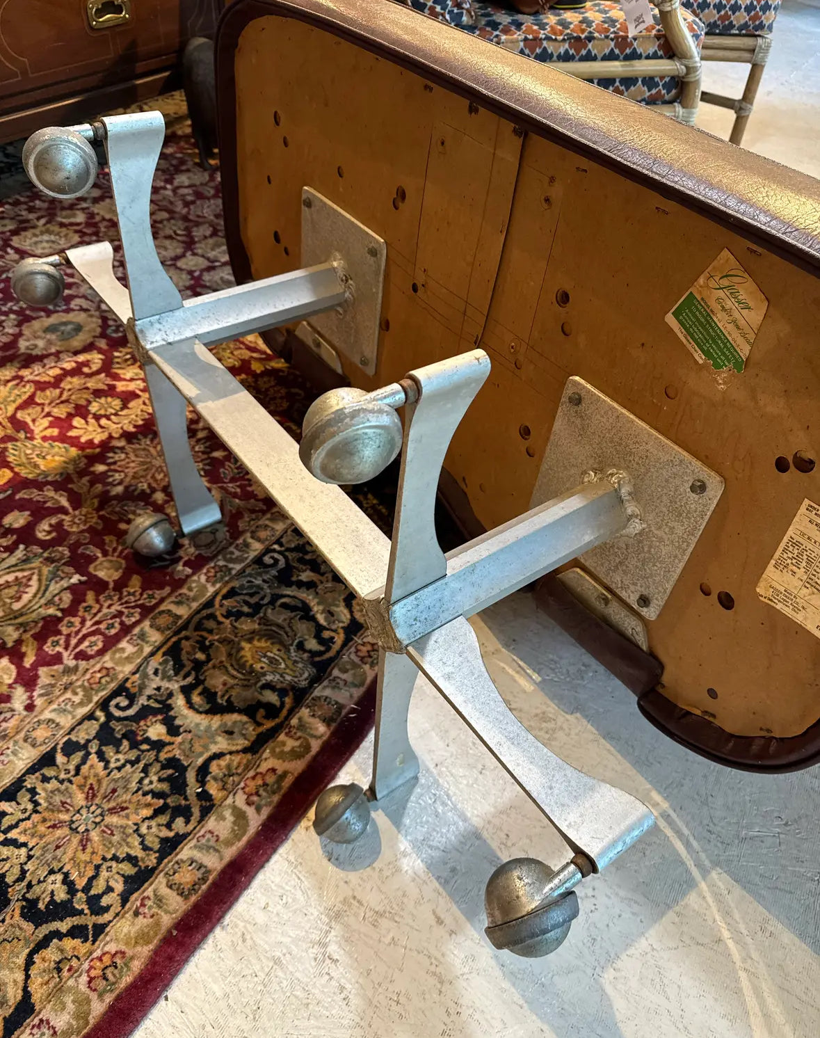 Vintage Industrial Gasser Chair Co. Rolling Settee in Burgundy Faux Leather