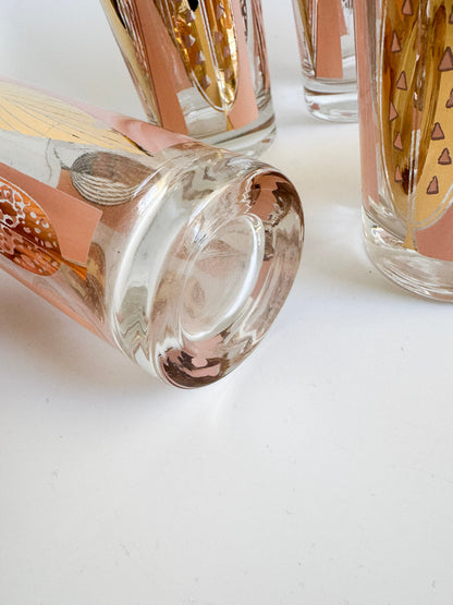 Set of 6 Fred Press Mid-Century 22k Gold Pink & Gold Highball Glasses