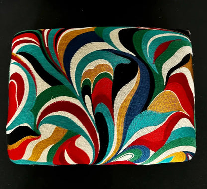Refinished Mid-Century Modern Footstool With Abstract Multicolor Embroidered Fabric