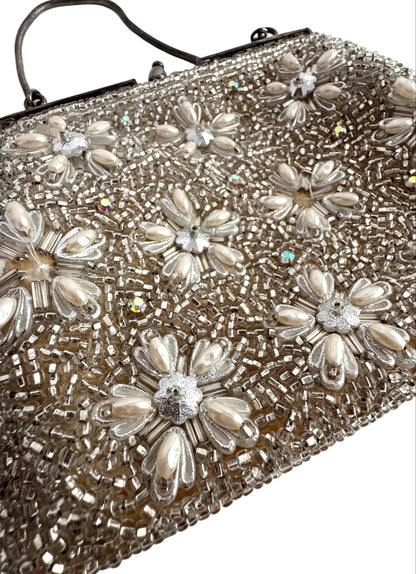 Vintage Beaded Evening Bag with Pearl and Crystal Floral Motif
